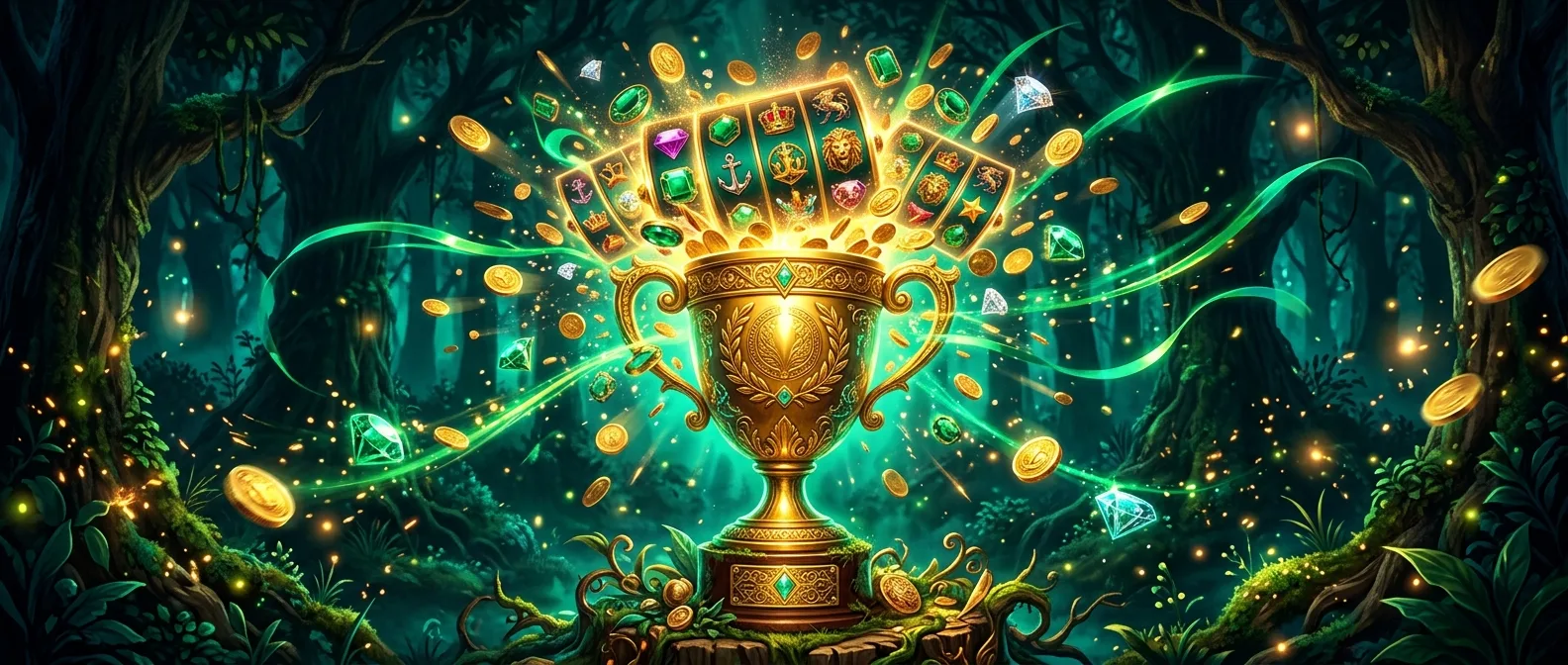 Golden tournament trophy bursting with slot reels, coins and emerald gems in a forest